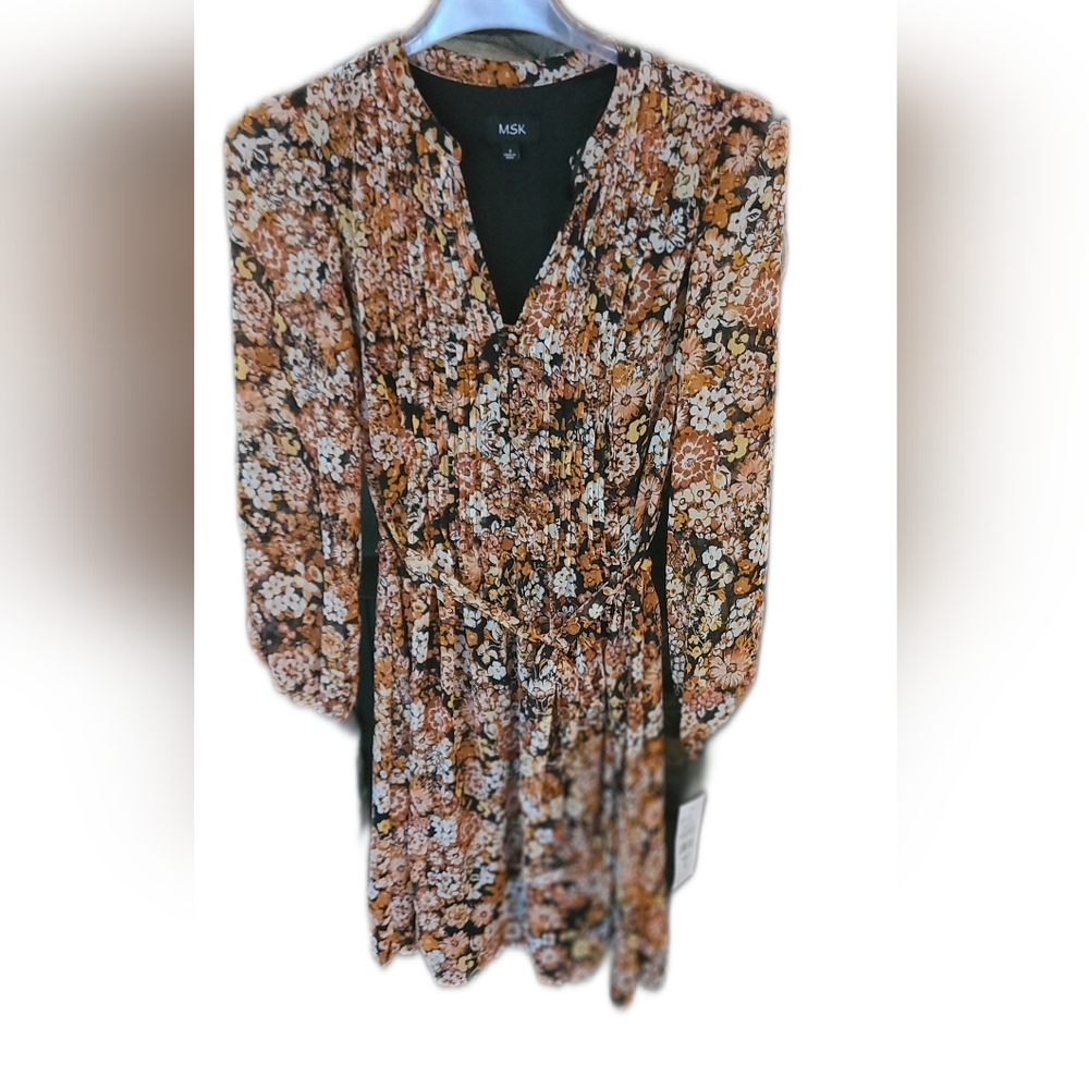 MSK Black and Orange Floral Long Sleeve Dress